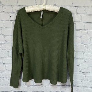 Lulus Basic V-Neck‎ Waffle Knit Top, Size Small, Olive Green